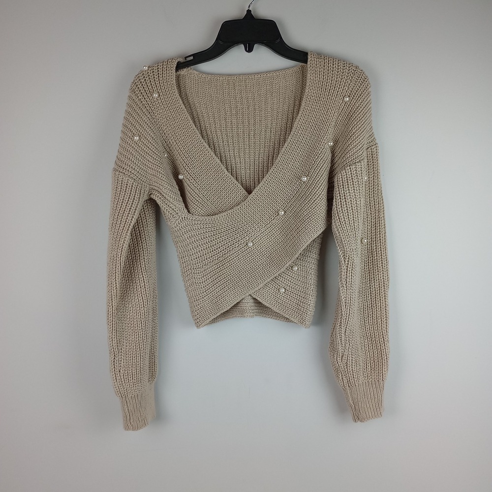 Unbranded Womens M Beige Faux Pearl Beaded Surplice V-Neck Ribbed Knit Sweater